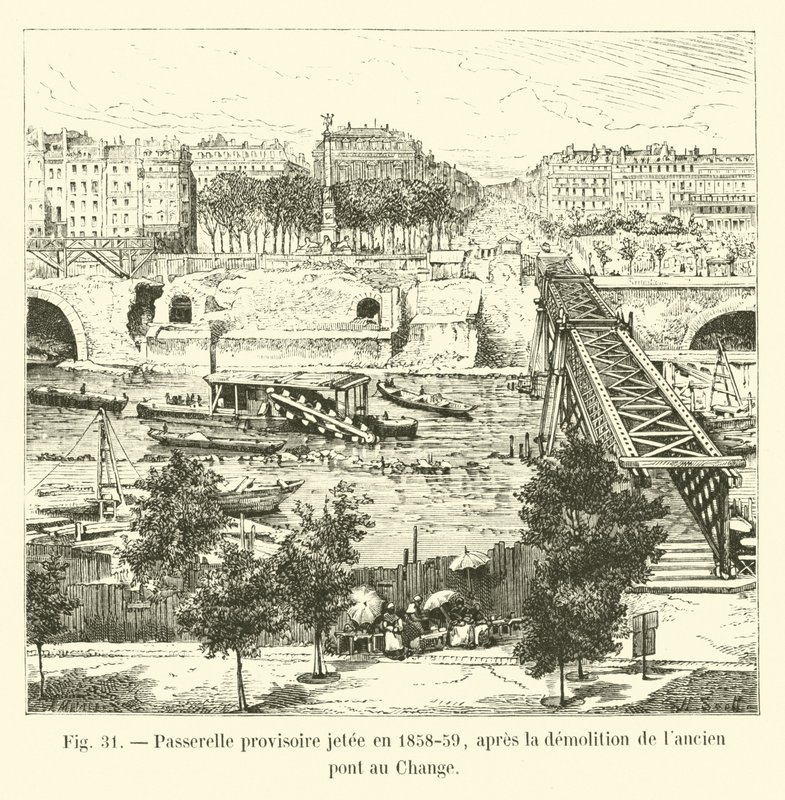Foreløbig gangbro kastet i 1858-59, efter nedrivningen af ​​den gamle Pont au Change af French School
