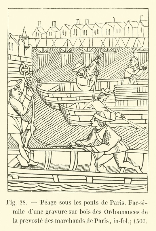 Peage sous les ponts de Paris, Faksimile af et træsnit fra Ordinances de la provoste des Marchands de Paris, in-fol; 1500 af French School