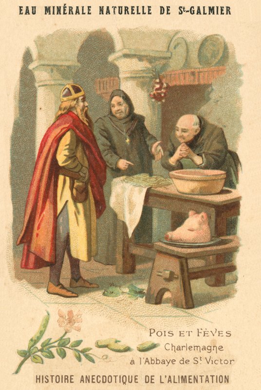 Ærter og bønner: Karl den Store ved klosteret St Victor (chromolitho) af French School