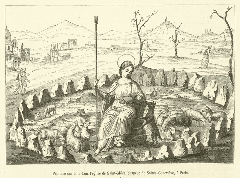 Maleri på træ i kirken Saint-Mery, kapel Sainte-Genevieve, i Paris (gravering) af French School