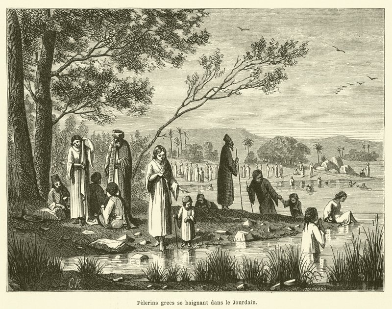 Græske pilgrimme bader i Jordan (gravering) af French School