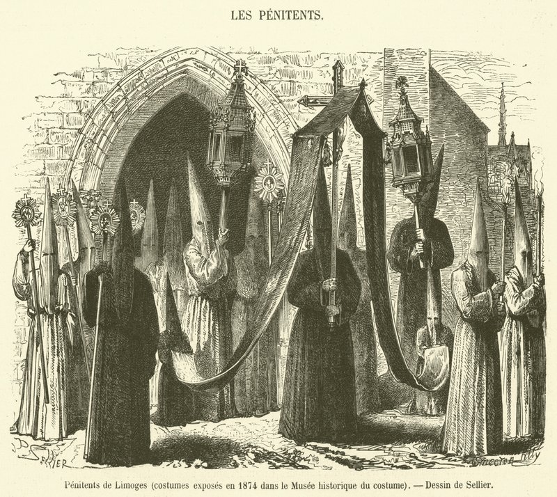 Penitents of Limoges, kostumer udstillet i 1874 i det historiske kostumemuseum (gravering) af French School