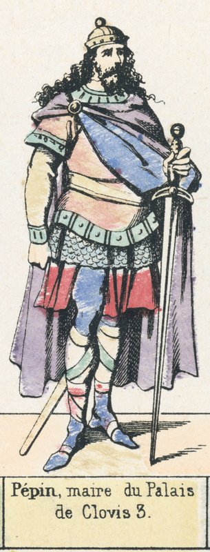Pepin, borgmester i paladset, fra Clovis 3 (farvet gravering) af French School
