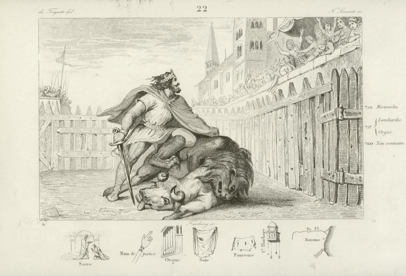 Pepin the Short kills a lion and a bull  af French School