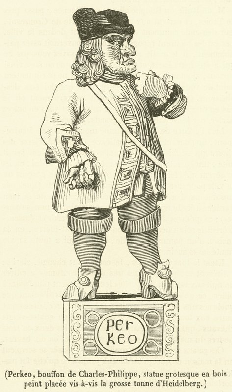 Perkeo, nar af Charles-Philippe, grotesk statue i malet træ placeret overfor det store ton Heidelberg (gravering) af French School