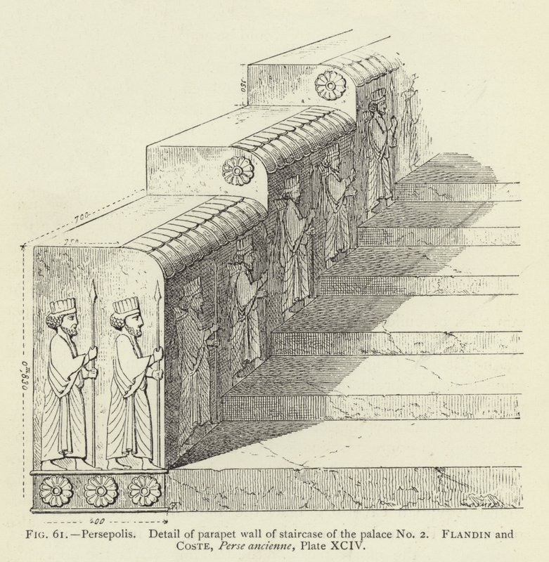 Persepolis, Detalje af brystningsvæggen på trappen til paladset nr. 2 (gravering) af French School