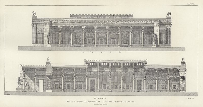 Persepolis, Hall of a Hundred Columns, geometrisk højde og længdesnit, restaureret af Ch Chipiez af French School