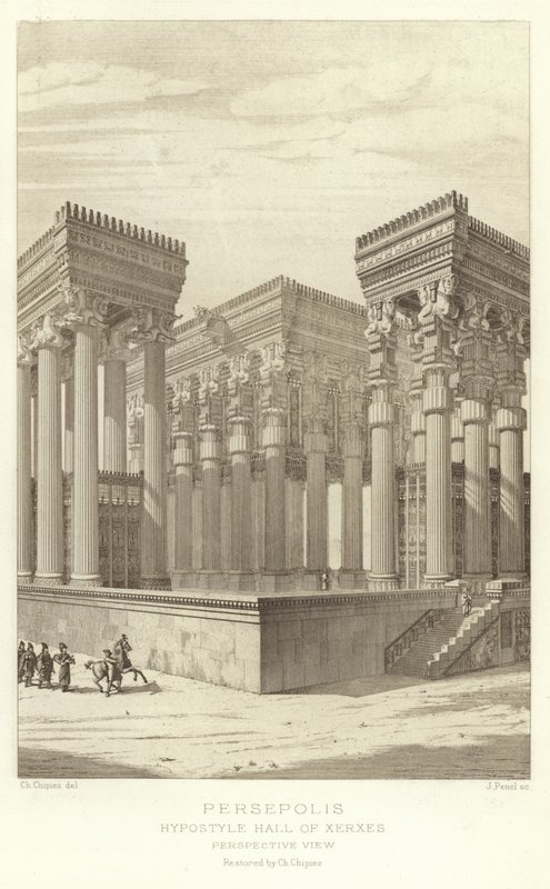 Persepolis, Hypostyle Hall of Xerxes, Perspektivudsigt, restaureret af Ch Chipiez af French School