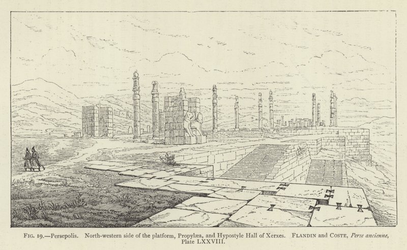 Persepolis, den nordvestlige side af platformen, Propylaea og Hypostyle Hall of Xerxes af French School