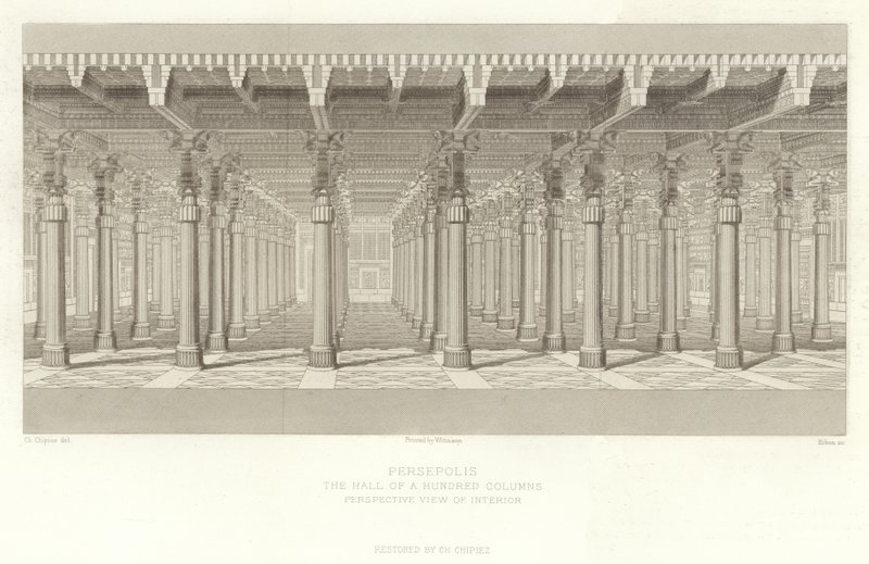 Persepolis, Hall of a Hundred Columns, Perspektiv af interiøret, restaureret af Ch Chipiez af French School
