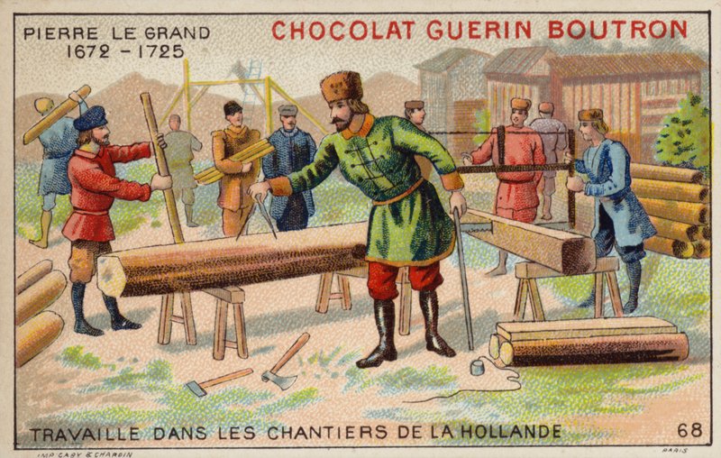 Peter den Store arbejder på værfterne i Holland (chromolitho) af French School