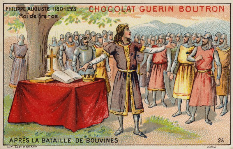 Philip Augustus, konge af Frankrig, efter slaget ved Bouvines (chromolitho) af French School