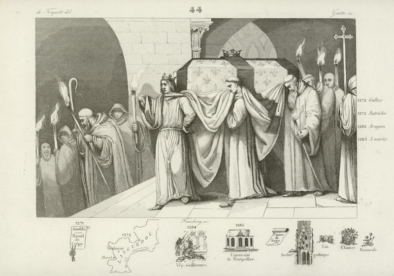 Philip III of France helping to carry the coffin of his father, Louis IX  af French School