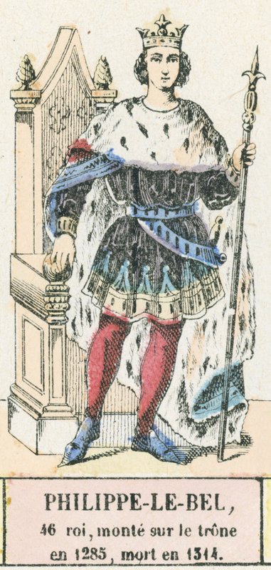 Philippe-le-Bel, 46. konge, besteg tronen i 1285, døde i 1314 (farvegravering) af French School