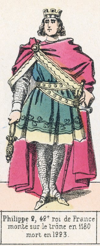 Philippe 2, 42. konge af Frankrig, besteg tronen i 1180, døde i 1223 (farvet indgravering) af French School