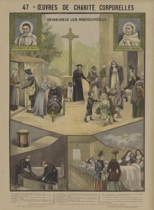 Fysiske velgørende værker (farve litho) af French School