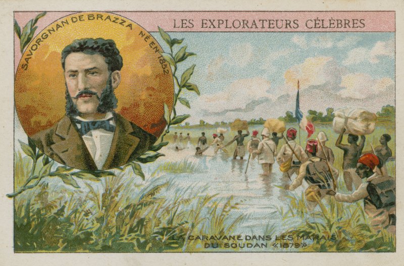 Pierre Savorgnan de Brazza, italiensk-født fransk opdagelsesrejsende (chromolitho) af French School