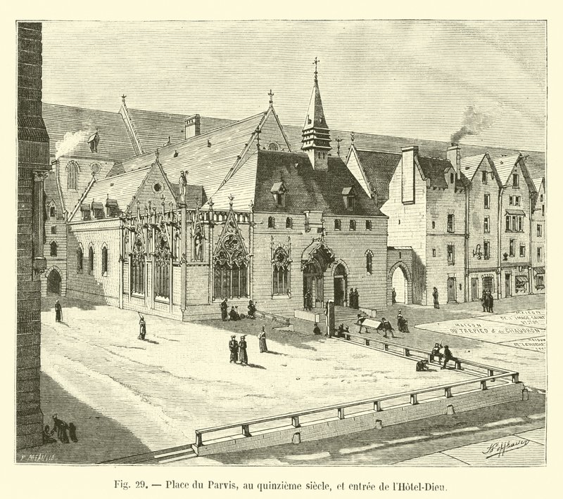 Place du Parvis, i det femtende århundrede, og indgangen til Hôtel-Dieu af French School