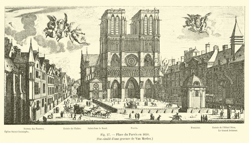 Place du Parvis i 1650, faksimile af en gravering af Van Merlen af French School