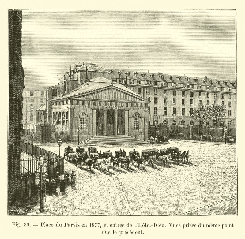 Place du Parvis i 1877, og indgangen til Hôtel-Dieu, Udsigt taget fra samme punkt som den forrige af French School