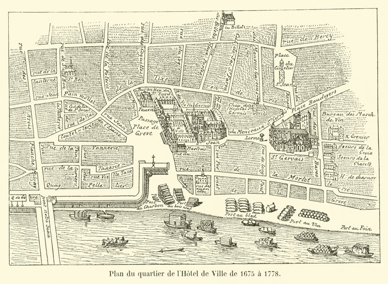 Plan over Hôtel de Ville-distriktet fra 1675 til 1778 af French School