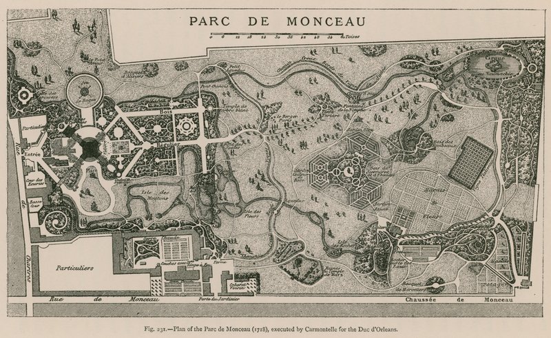Plan over Parc de Monceau (1718), udført af Carmontelle for Due dOrleans af French School