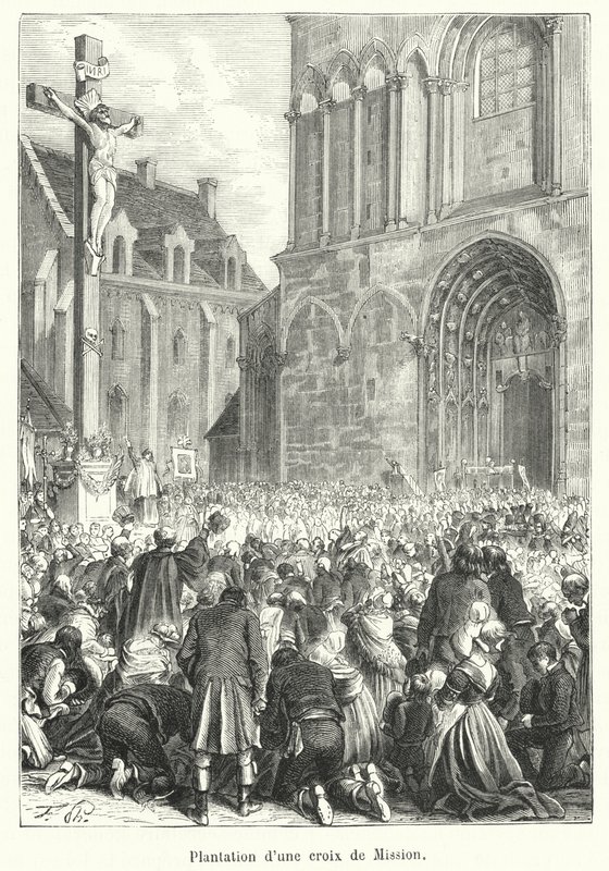 Plantning af et missionskors (gravering) af French School