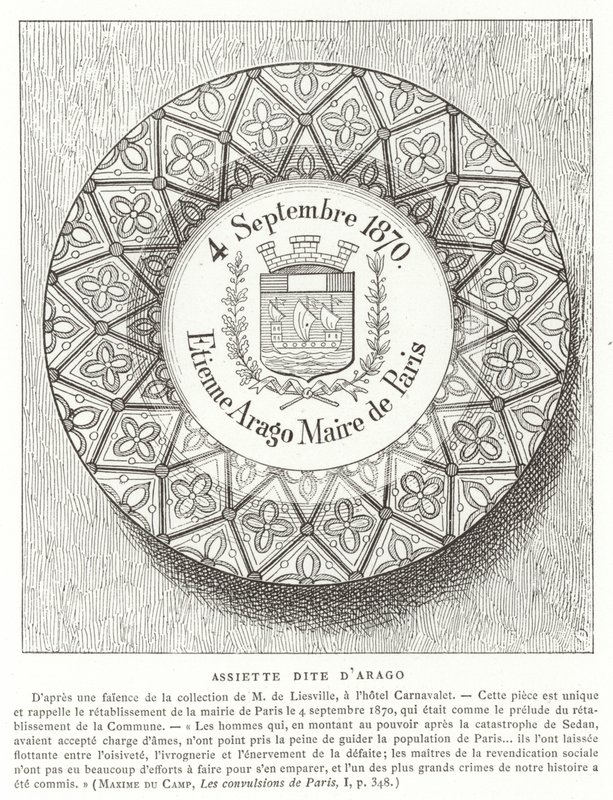 Tallerken med navnet Etienne Arago, borgmester i Paris under den fransk-preussiske krig, 1870 af French School