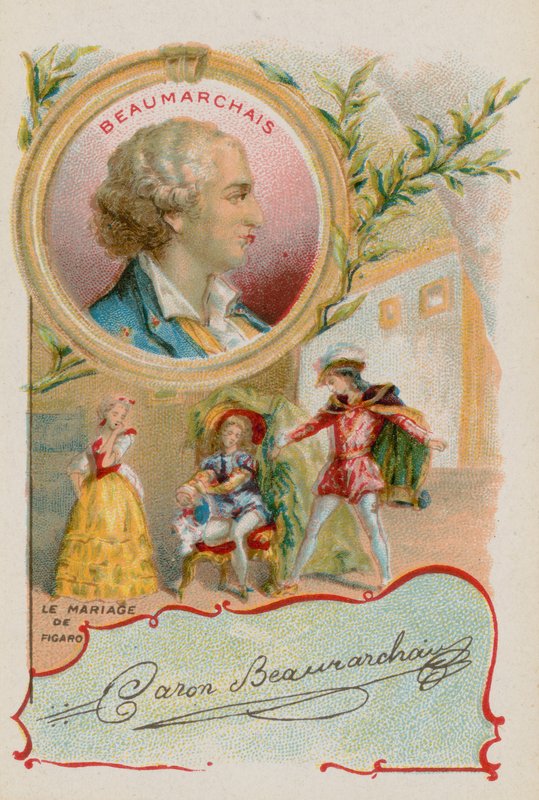 Dramatiker Pierre-Augustin Caron de Beaumarchais med en scene fra Figaros bryllup af French School
