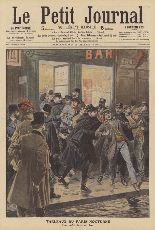 Politi razzia på en bar i Paris om natten (farve litho) af French School