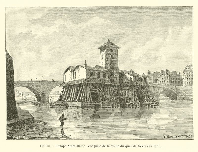 Notre-Dame pumpe, udsigt taget fra hvælvingen ved Quai de Gevres i 1861 af French School