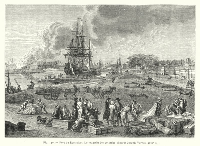 Port of Rochefort, kolonialbutikken; efter Joseph Vernet 1700-tallet (gravering) af French School