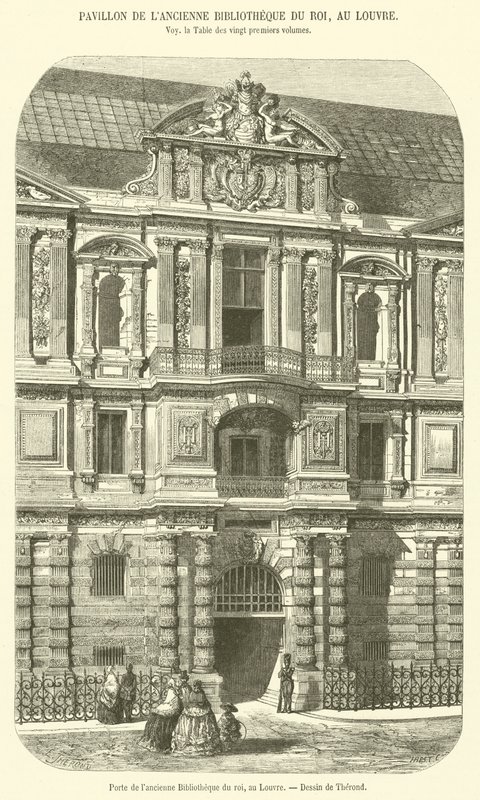 Dør til det tidligere kongens bibliotek, ved Louvre (gravering) af French School