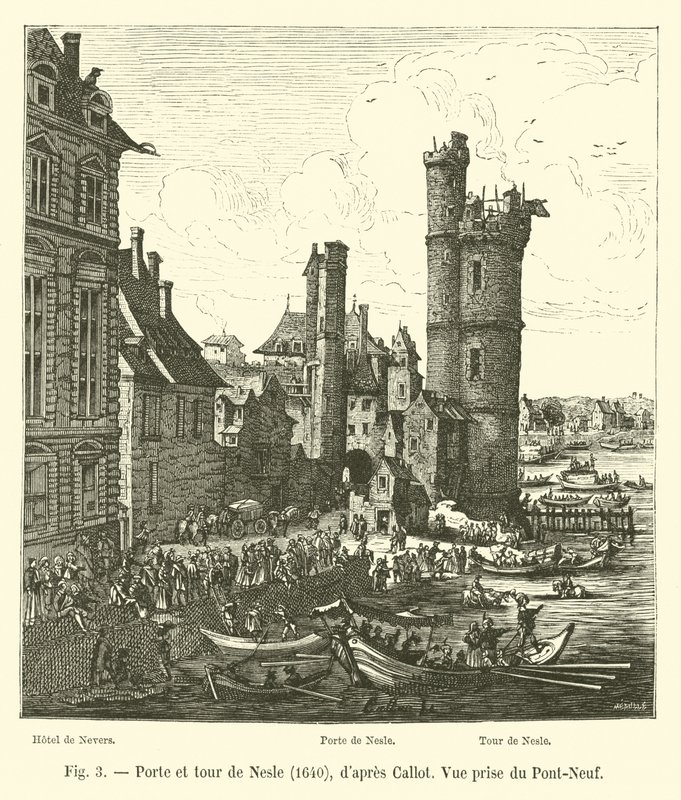 Port og tårn i Nesle, 1640, efter Callot, Udsigt taget fra Pont-Neuf af French School
