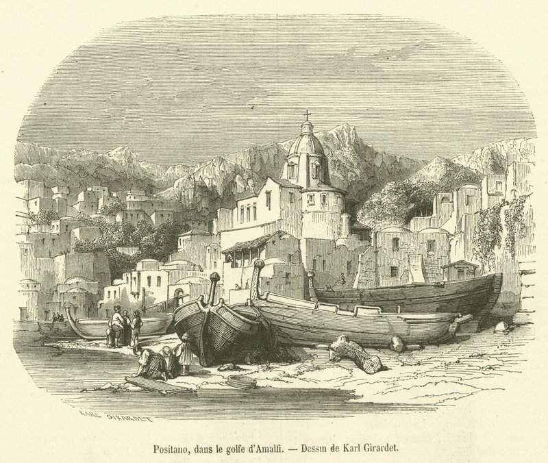 Positano, i Amalfi-bugten (gravering) af French School