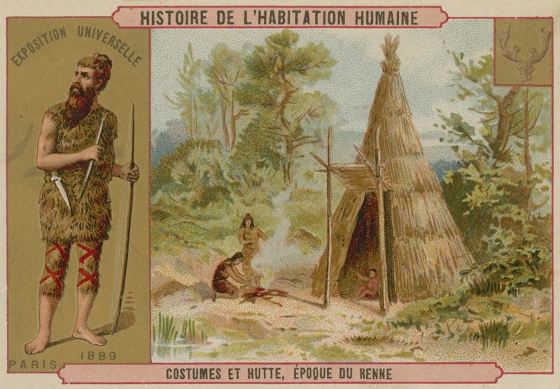 Forhistorisk dragt og hytte af French School