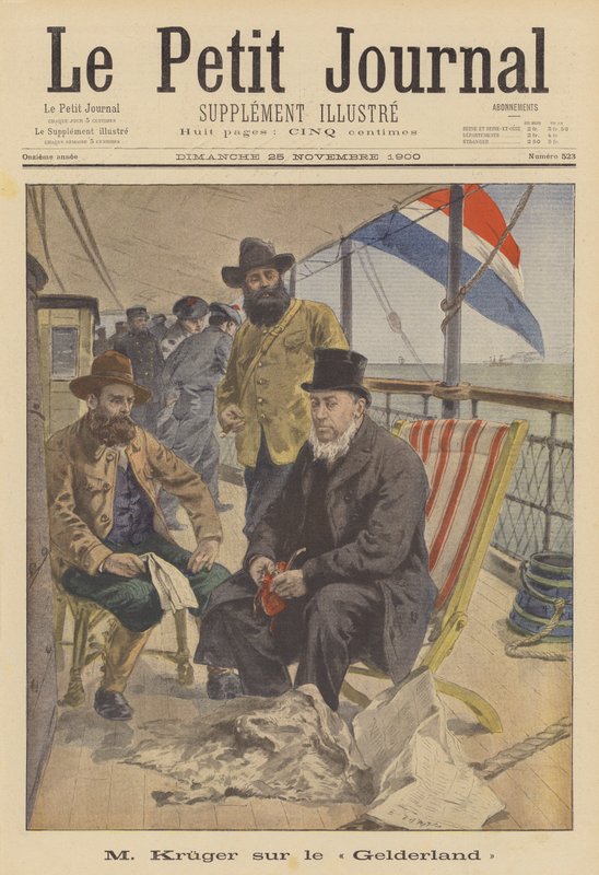 Præsident Kruger af Transvaal sejler i eksil om bord på det hollandske skib Gelderland (farve litho) af French School