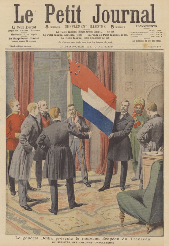 Premierminister Louis Botha præsenterer det nye flag for kolonien Transvaal til British Colonial … (farve litho) af French School