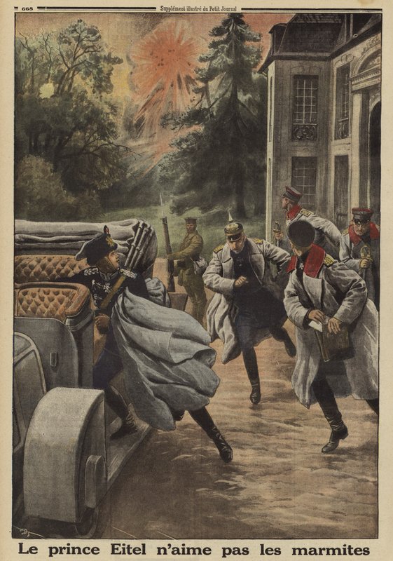 Prins Eitel Friedrich af Preussen, anden søn af kejser Wilhelm II af Tyskland, flygter i panik, da hans hovedkvarter på Chateau de Temple-la Fosse kommer under fransk artilleribombardement under slaget ved Somme, Første Verdenskrig. af French School