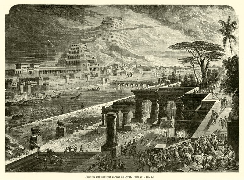 Erobringen af ​​Babylon af Kyros hær (gravering) af French School