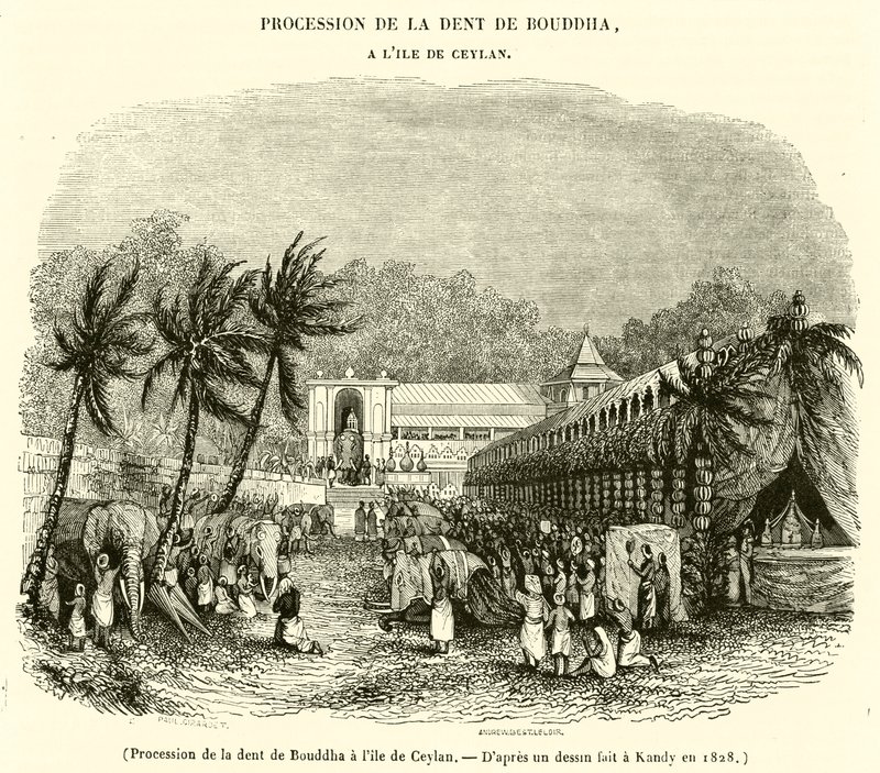 Procession af Buddhas tand på øen Ceylon (gravering) af French School