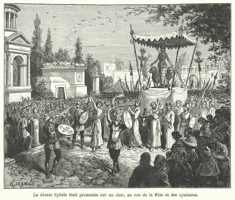 Procession af den romerske gudinde Cybeles vogn, indledt af piber og bækkenspillere (gravering) af French School