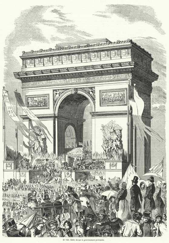 Procession passerer foran den franske provisoriske regering ved Triumfbuen, Paris af French School