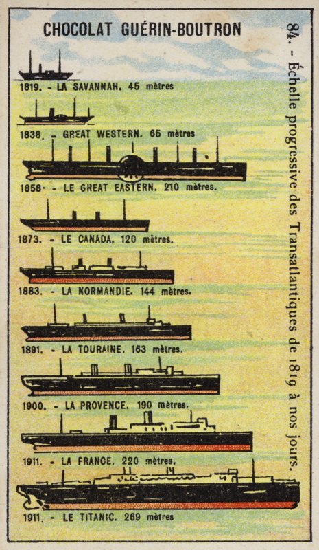 Progressiv stigning i størrelsen af transatlantiske skibe fra 1819 til 1911 (chromolitho) af French School