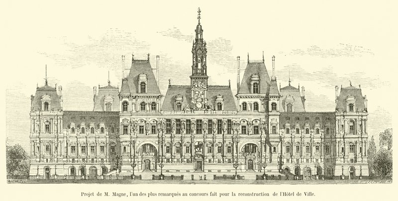 Projekt af M Magne, en af ​​de mest bemærkelsesværdige i konkurrencen lavet om genopbygningen af ​​Hotel de Ville af French School