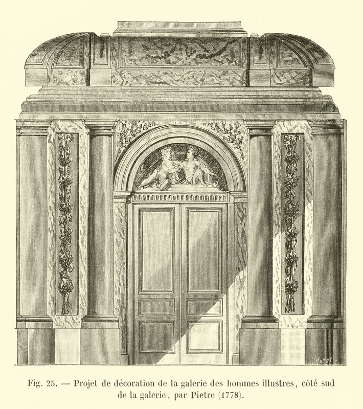Udsmykningsprojekt til galleriet af berømte mænd, sydsiden af ​​galleriet, af Pietre, 1778 af French School