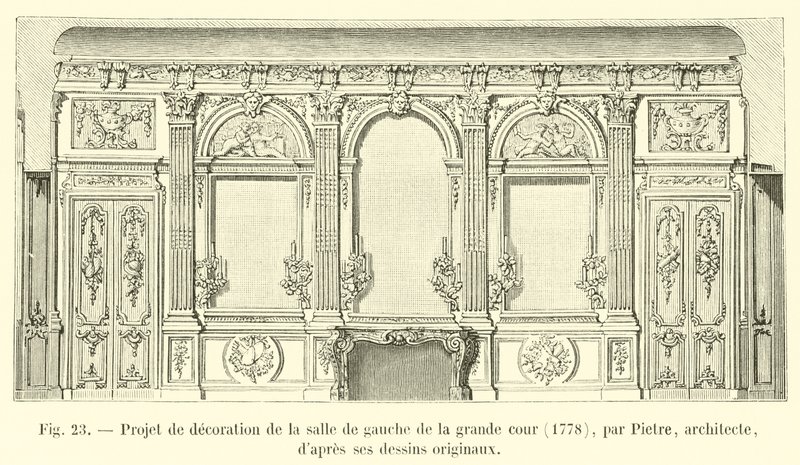 Projekt til udsmykning af det venstre rum i den store gård, 1778, af Pietre, arkitekt, efter hans originale tegninger af French School