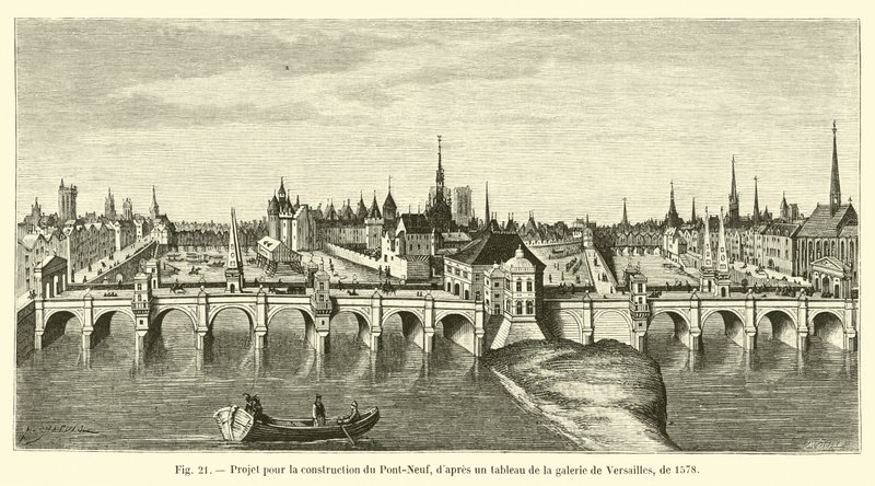 Projekt til opførelse af Pont-Neuf, efter et maleri i Versailles-galleriet, fra 1578 af French School