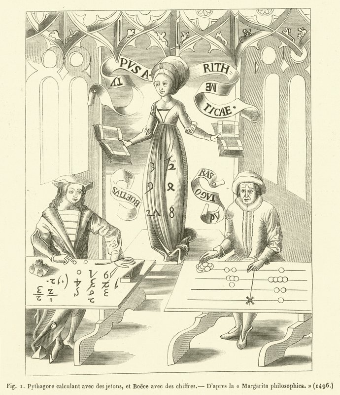 Pythagoras beregner med tokens og Boece med tal (gravering) af French School