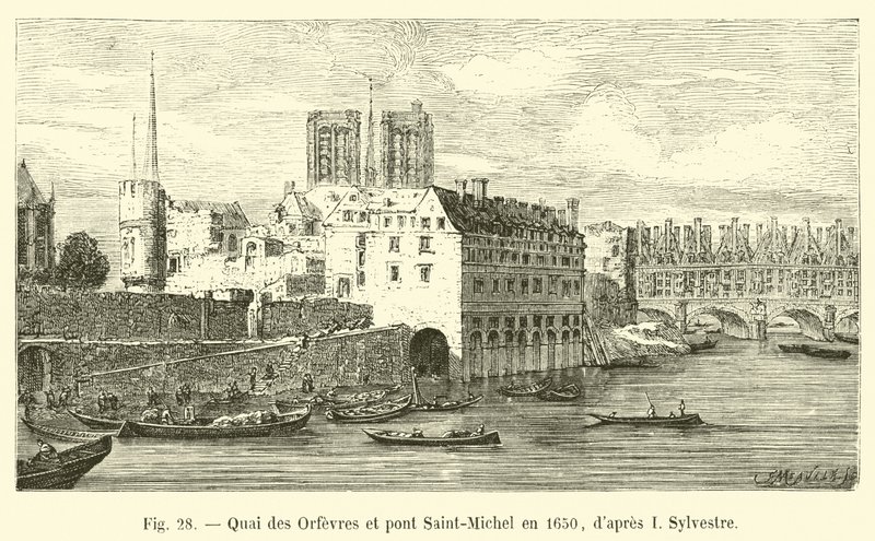 Quai des Orfevres og Pont Saint-Michel i 1650, efter I Sylvestre af French School
